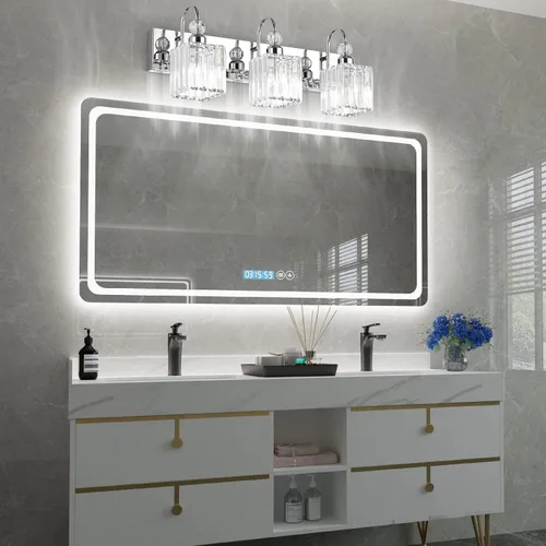 Miniatura 3 de Ralbay Lámpara de tocador de baño de cristal cromado, 3 luces, lámparas de pared modernas de 24 pulgadas Cuadrado-Cromo