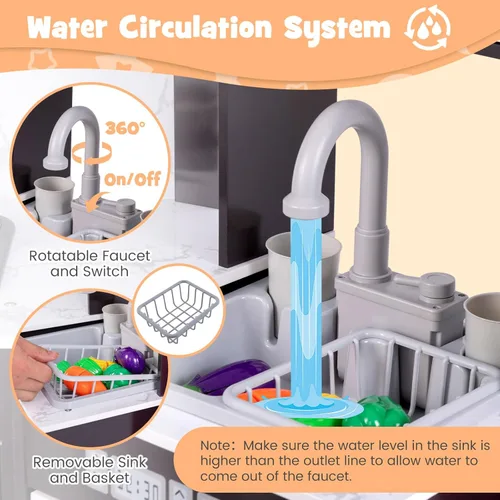 Miniatura 3 de Costzon Cocina de juego de esquina, juego de cocina de madera para niños pequeños con luces y sonidos, sistema de circulación de agua, lavadora