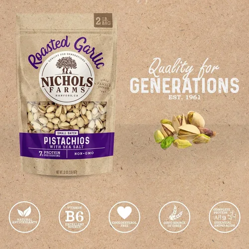 Miniatura 3 de Nichols Farms Pistachos cultivados en California, InShell, paquetes de aperitivos ricos en nutrientes, ajo tostado, 2 libras