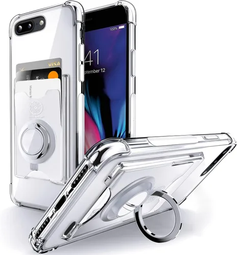 Shields Up Funda diseñada para iPhone 8 Plus/iPhone 7 Plus, funda minimalista con tarjetero [3 tarjetas] y soporte de anillo, funda protectora