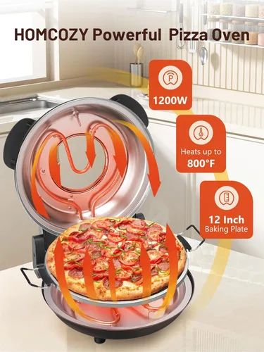 Miniatura 2 de Horno de pizza eléctrico para interiores con piedra de cerámica esmaltada, horno de pizza portátil de 12 pulgadas con temporizador ajustable, Negro