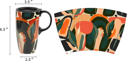 Miniatura 9 de Topadorn Taza de Café de Cerámica Taza de Viaje Regalo con Tapa 17oz., Taza de Té Alta de Porcelana con Asa para Casa y Oficina, Taza