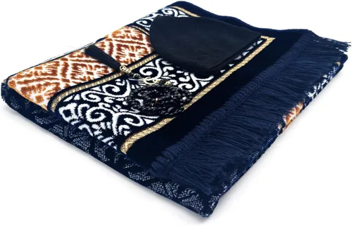Miniatura 2 de Juego de alfombras de oración islámica de terciopelo (alfombra gruesa de oración, 99 cuentas de oración Tasbih, sombrero kufi de algodón negro), Azul