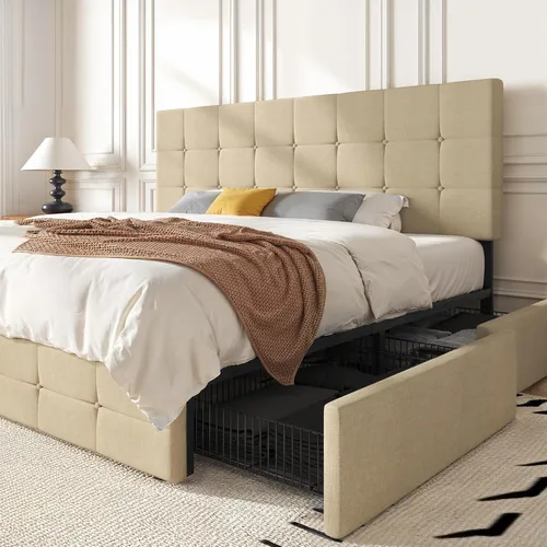 Miniatura 15 de HOOMIC Base de cama de almacenamiento de plataforma de tamaño matrimonial con 4 cajones y cabecera ajustable, listones de madera, no necesita Gris
