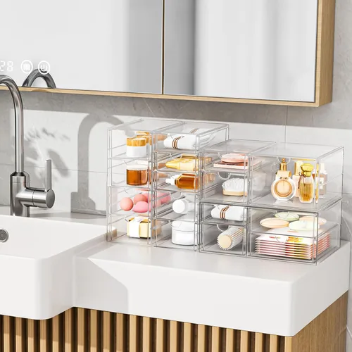 Miniatura 2 de Organizador de maquillaje acrílico con 17 cajones, paquete de 4 organizadores transparentes para mostrador de baño para paletas, cosméticos