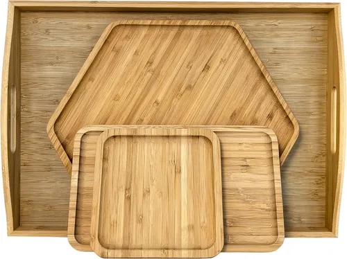 Miniatura 14 de Bandejas de bambú con tablas de cortar 16.5"x11.8" (42x30cm con asa, el set incluye platos de 0.63" (1.6cm) de grosor 1xHexágono 12.5" (32cm) +