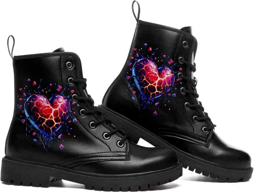 Miniatura 4 de Botines de combate para mujer, con estampado de corazón, botines cortos de moda con rosas y calavera, botas de trabajo duraderas con cordones
