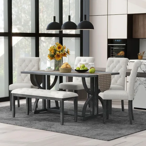 Miniatura 2 de LUMISOL Juego de mesa de comedor de 6 piezas con banco, mesa de cocina de granja con 4 sillas tapizadas copetudas y banco, juego de mesa de comedor