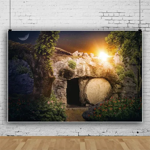 Miniatura 3 de Fondo de fotografía de tumba de piedra vacía de 5 x 3 pies Crucifixión de Jesucristo Luces Santas Fondo de cruz Dios bendiga a Jesús Cristiano Reza
