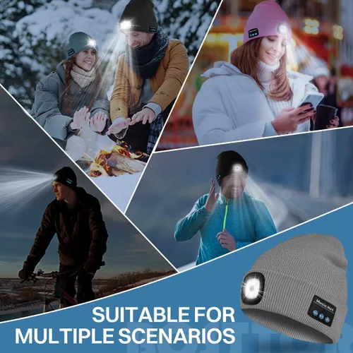 Miniatura 6 de Bosttor Gorro Bluetooth con luz, gorro para faros delanteros con auriculares y micrófono de altavoz integrado, regalos para hombres, mujeres