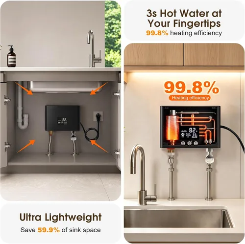 Miniatura 3 de Calentador de agua eléctrico sin tanque 3000 W 110 V Temperatura constante Calentador de agua caliente instantáneo con control remoto Pantalla Negro