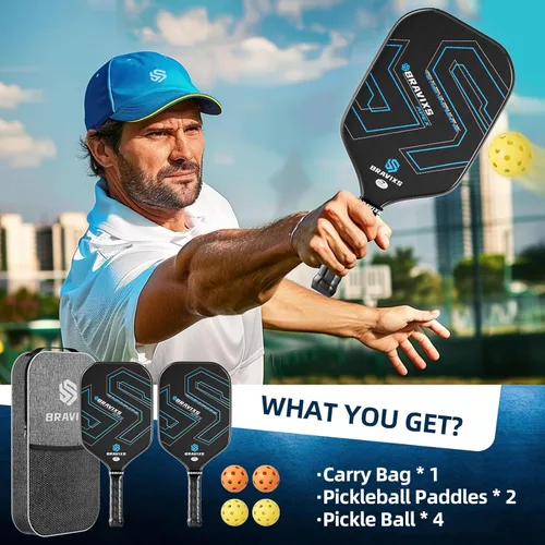 Miniatura 6 de Juego de 2 palas de pickleball Bravixs aprobadas por USAPA, fibra de carbono T700 en bruto, raquetas de pickleball con superficie de fricción, con 4