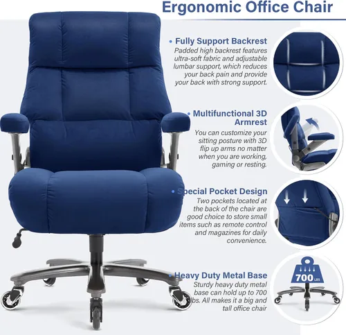 Miniatura 4 de Silla de oficina grande y alta, 700 libras, silla de escritorio ejecutiva con soporte lumbar ajustable, brazos abatibles 3D, ruedas silenciosas