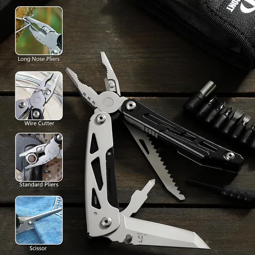 Miniatura 4 de THE FRONT Multiherramienta 19 en 1, Alicates Multiherramienta con Tijeras Desmontables, Cuchillo Táctico de Camping Multiuso para Supervivencia