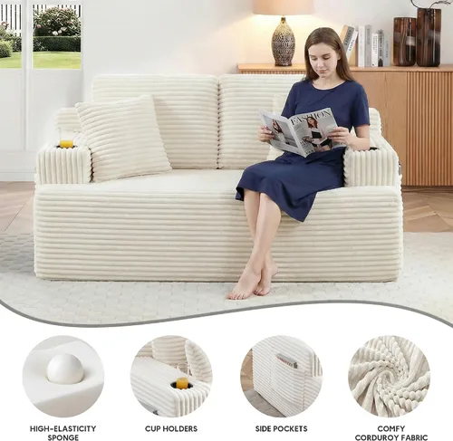 Miniatura 3 de Sofá sin hueso de 66.5 pulgadas con portavasos y bolsillos laterales, sofá biplaza tapizado de tela de pana moderna con 2 almohadas para sala