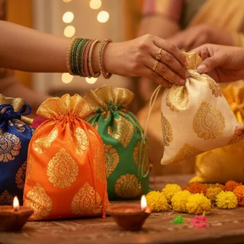 Miniatura 3 de Touchstone Bolsas de cordón tradicionales indias hechas a mano en tejido brocado con patrón de hojas de ficus. Perfecto para regalos, joyas, bodas