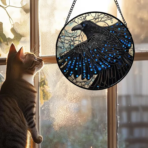 Miniatura 2 de Colgante de vitrales para colgar en la ventana, de cuervo negro, alas grandes para puertas, jardín, patio, pájaros, atrapasoles, decoración