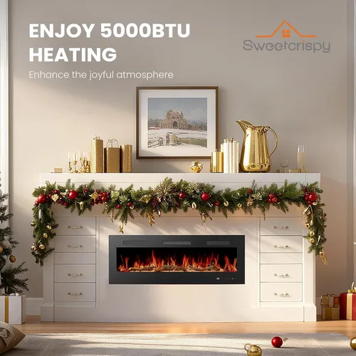 Miniatura 9 de Sweetcrispy - Chimenea eléctrica de 36 pulgadas para insertar, 1500 W montada en pared y empotrada, estufa de leña independiente con control remoto