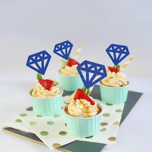 Miniatura 4 de 24 piezas de anillos de diamantes para cupcakes con purpurina azul profundo, anillos de boda, para boda, compromiso, aniversario, fiesta de San