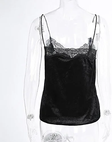Miniatura 5 de Camisola de encaje sexy para mujer, blusa sin mangas casual con cuello en V, terciopelo con tirantes delgados, camisola sin mangas, Vino