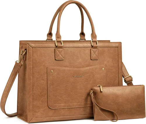Miniatura 12 de LOVEVOOK Bolso de mano para laptop para mujeres, de 15.6 pulgadas, bolsos de trabajo, bolso de cuero vintage, bolsos de computadora impermeables