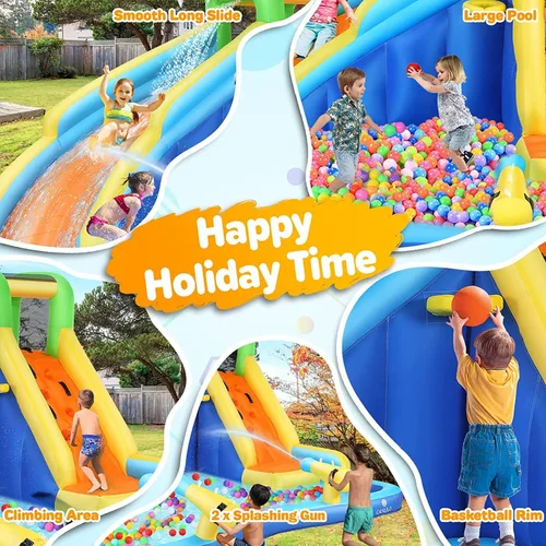 Miniatura 2 de DREAMVAN Tobogán acuático inflable, parque acuático para niños con piscina, pared de escalada, aro de baloncesto, cañón, tobogán acuático de piscina
