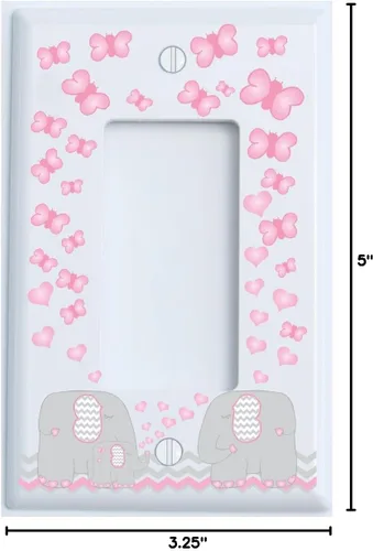 Miniatura 2 de Placa de interruptor de luz de elefante rosa y cubiertas de salida GFCI para decoración de guardería con corazones y mariposas de cheurones grises