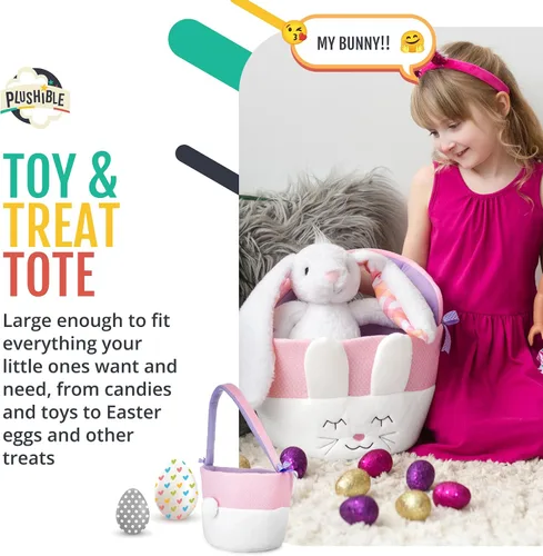 Miniatura 6 de Cesta de Pascua de conejo de peluche para la primera Pascua del bebé, bolsa de regalo bordada suave para bebé niña o niño, adorable diseño de conejo