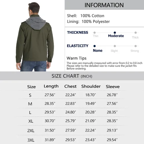 Miniatura 6 de Chaqueta militar para hombre, casual, de algodón, ligera, rompevientos con capucha extraíble