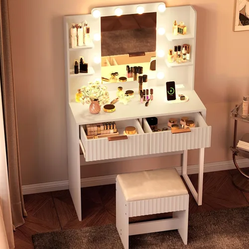 Miniatura 6 de VINGLI - Escritorio de maquillaje con estantes acanalados y espejo con luces y toma de corriente, mesa de tocador pequeña con 2 cajones y 4 estantes