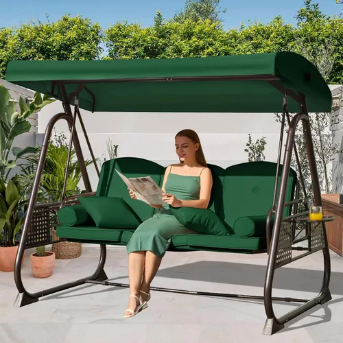 Miniatura 19 de Columpio de porche para exteriores 3 en 1 con toldo ajustable, columpio de 3 asientos para adultos, columpio de patio con cojines gruesos, almohadas