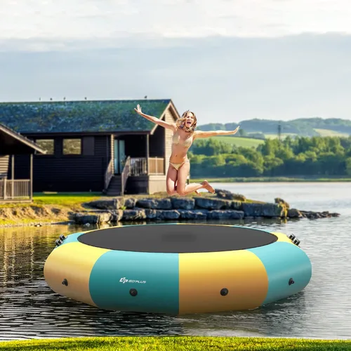 Miniatura 11 de Goplus - Trampolín inflable de agua de 10 pies, 12 pies, 15 pies, rebotador acuático recreativo con inflador eléctrico, escalera de cuerda, cuerdas