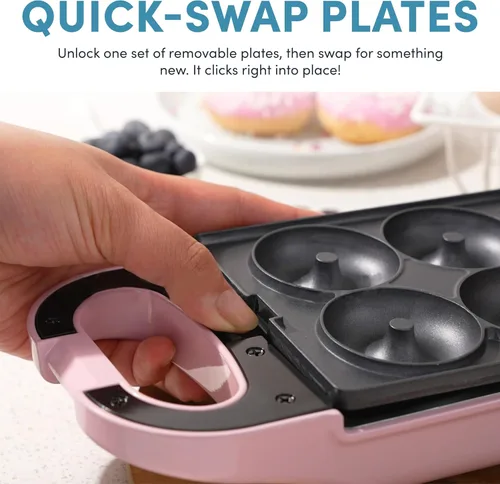Miniatura 3 de AROMA® Máquina de gofres intercambiable y abatible con platos extraíbles: prensa Panini 3 en 1, mini máquina de donas y plancha para gofres Rosa