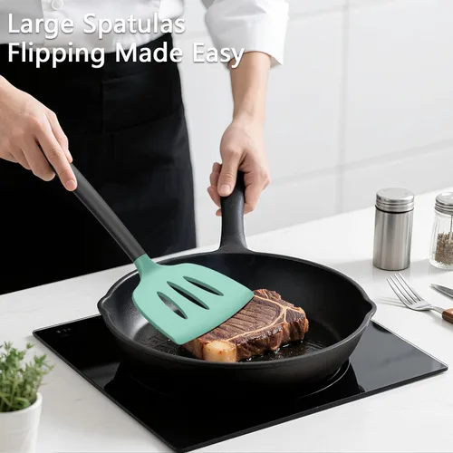 Miniatura 3 de Coukre Juego de 3 espátulas de silicona, resistentes a altas temperaturas, sin BPA, espátulas para pescado, mango sólido y ranurado para sartenes