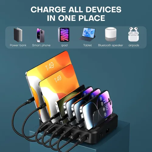 Miniatura 5 de Estación de carga para múltiples dispositivos, 65 W, 6 puertos, estación de carga rápida USB C con 6 cables de carga mixtos, base de carga