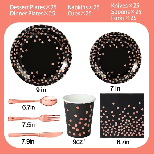 Miniatura 2 de 175 piezas de suministros de fiesta de color negro y oro rosa, lunares de oro rosa en platos de papel negro, servilletas y vasos, juegos de vajilla