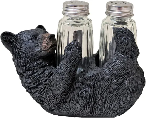 Juego de saleros y pimenteros rústicos de oso negro en la parte posterior, accesorio decorativo de resina y vidrio para mesa de cocina, decoración