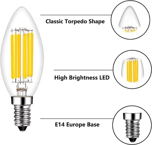 Miniatura 4 de Beonllay Bombilla LED E14 Regulable Equivalente a 60W 2700K Blanco Cálido, Bombillas de Luz E14 Base Europea 6W 600 Lúmenes AC120V, Bombilla Edison