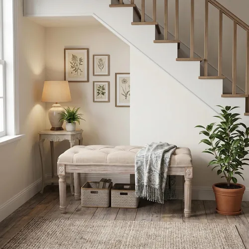 Miniatura 11 de Banco de entrada vintage francés de tela de lino, asiento otomano pequeño con patas de madera para piano/entrada, dormitorio, sala de estar, pasillo