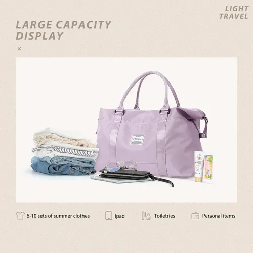 Miniatura 9 de Bolsa de gimnasio para mujer con compartimento para zapatos, bolsa de lona de viaje, bolsa de deporte para gimnasio, F5-Púrpura Claro, Bolsa de viaje