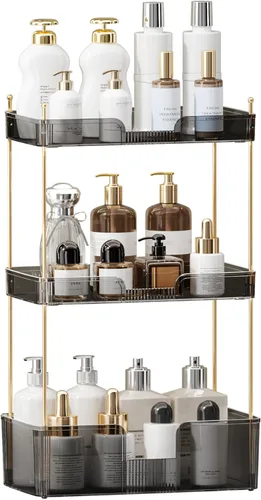 Miniatura 8 de Akinbas Organizador de baño de 3 niveles, bandeja de perfume de maquillaje, organizador de cuidado de la piel para tocador de baño (dorado)