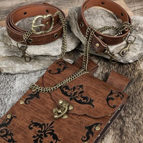 Miniatura 5 de HiiFeuer 2 cinturones medievales DIY con bolsa renacentista vintage de piel sintética, cadenas desmontables para mujer, bolsa delgada para cinturón