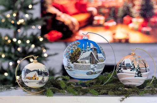Miniatura 7 de Adorno navideño de capilla azul con soporte, bola de vidrio soplado polaco pintada a mano, bola extra grande de 8 pulgadas/200mm, adorno de fe eterna