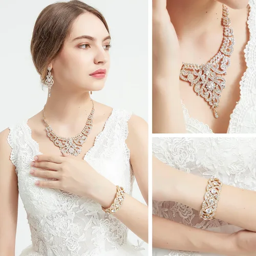 Miniatura 6 de Gold Prom Jewelry Wedding Jewelry Set Bridal Necklace Rhinestone Earrings Bracelets