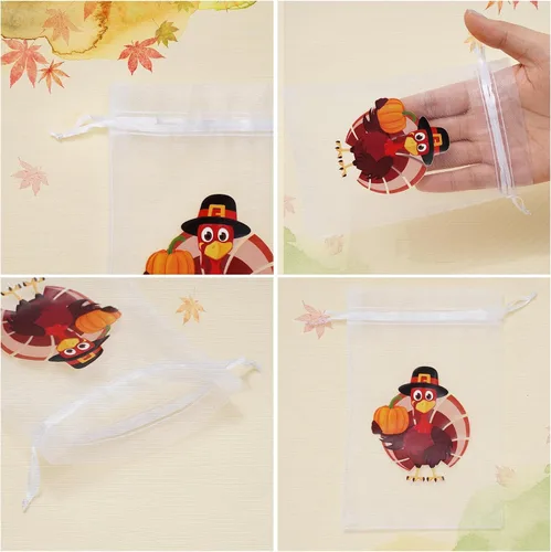 Miniatura 3 de Whaline 48 bolsas de organza de otoño con cordón de pavo, calabaza, espantapájaros, palabras, bolsas de regalo, bolsa de regalo de joyería, bolsa