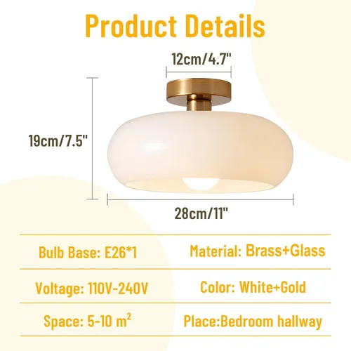 Miniatura 2 de Lámpara de techo moderna de mediados de siglo, montaje empotrado de vidrio de leche MCM con pantalla de cúpula blanca de 11 pulgadas, lámpara