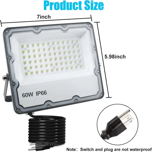 Miniatura 4 de 60W llevó la luz de inundación al aire libre, luces de inundación exteriores, luz de inundación enchufable, para patio, patio de recreo, estadio