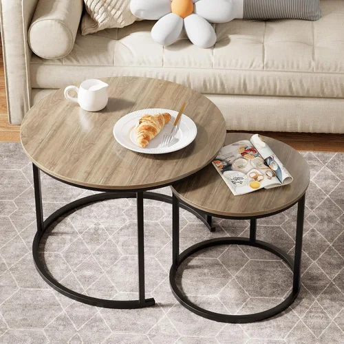Miniatura 2 de Garden 4 you Mesa de Centro Anidable, Juego de Mesa de Centro Redonda de 23.6" de 2 Piezas, Juego de Mesas Anidables de Madera con Marco de Metal