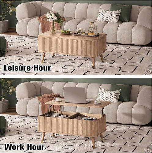 Miniatura 7 de Mesa de centro elevable con almacenamiento, mesa de centro moderna de mediados de siglo con patas de madera maciza, mesa central minimalista Roble