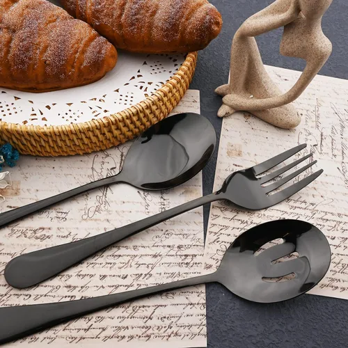 Miniatura 6 de JASHII Juego de cubiertos de 25 piezas con tenedor y cuchara con utensilios para servir para 4, cubiertos de acero inoxidable de grado alimenticio